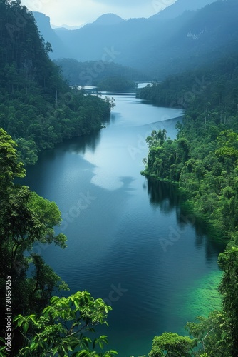 An aerial, top-down view capturing the winding path of a river as it flows through the lush greenery of a rainforest.
