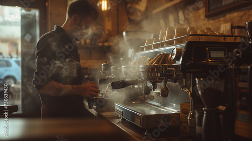 vintage espresso machine rustic cafe with joy barista in deep concentration wonder steam and rich aromas filling the air background. photo