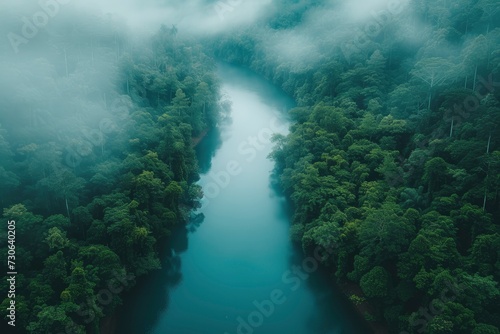 An aerial  top-down view capturing the winding path of a river as it flows through the lush greenery of a rainforest.