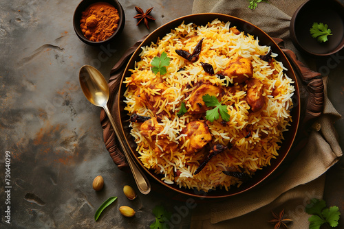 spicy and delicious chicken biryani, herbs, spices, top view photo