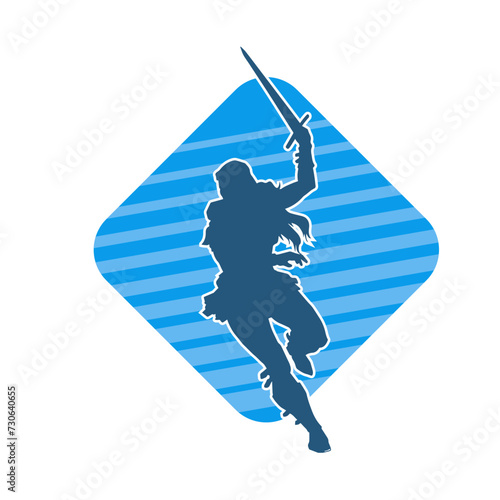 Silhouette of a female fighter in action pose carrying sword weapon.