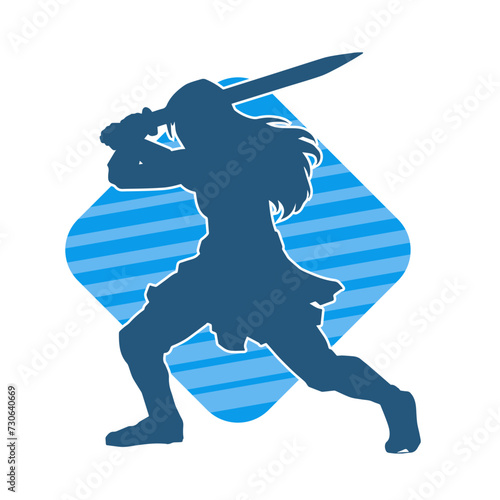 Silhouette of a female fighter in action pose carrying sword weapon.