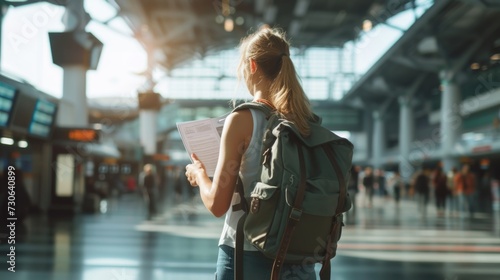 A young woman with a ponytail and a backpack, standing in an airport terminal, reading a document with a thoughtful expression, as travelers pass by in the background photo