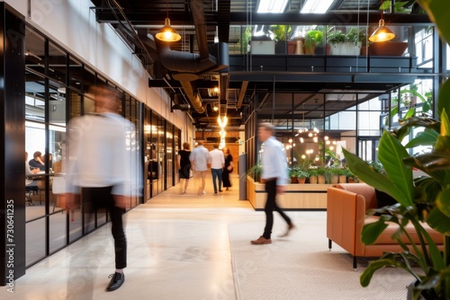 Blurred motion of people walking in a modern office photo