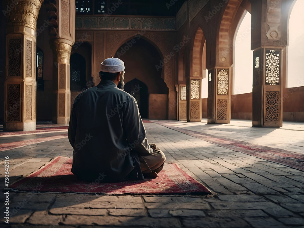 a backview of muslim man praying in a mosque. Generative AI a backview of muslim man praying in a mosque. Generative AI