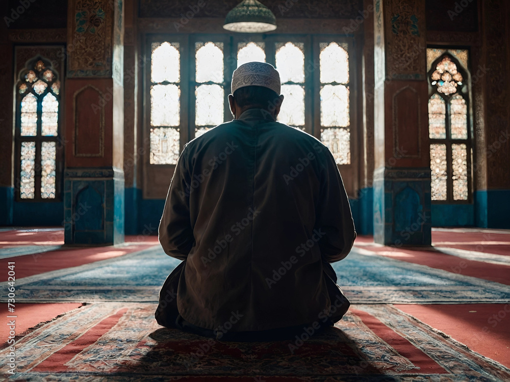 a backview of muslim man praying in a mosque. Generative AI a backview of muslim man praying in a mosque. Generative AI