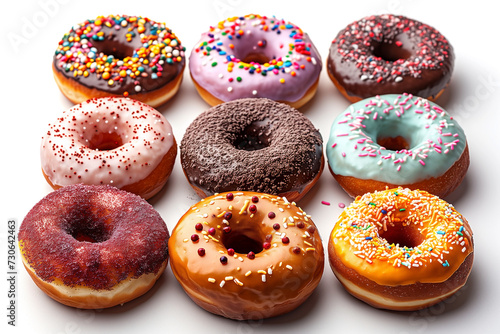 donuts nine with multicolored glaze and multicolor sprinkles, isolated on white background