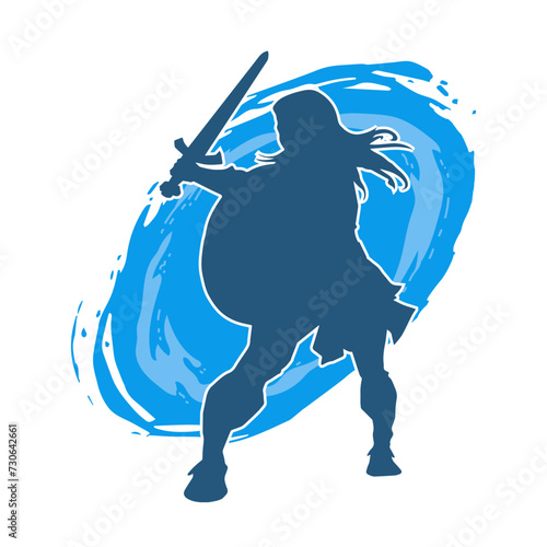 Silhouette of a female warrior in battle armor carrying sword weapon and iron shield.