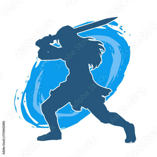 Silhouette of a female fighter in action pose carrying sword weapon.