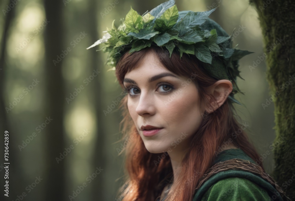 Elf girl dressed in a cape and with a wreath on her head in the forest. Fantasy elf from the forest. Beautiful fantasy woman. Elf girl dressed in a cape and with a wreath on her head in the forest. Fantasy elf from the forest. Beautiful fantasy woman.