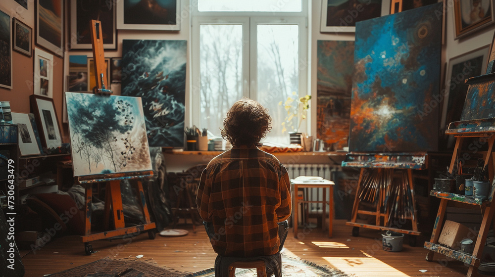 A painter with a palette in an art studio, in front of a canvas, lit by soft natural light from a window, with paintings and art supplies scattered around.