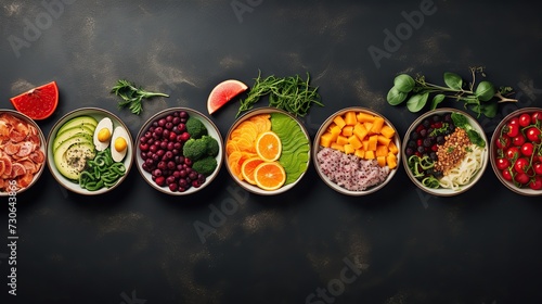 Assortment of healthy food dishes. Top view. copy space for your text.