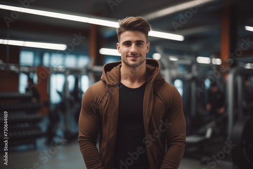 coach young man smiling in gym  in brown sportswear  blurred background