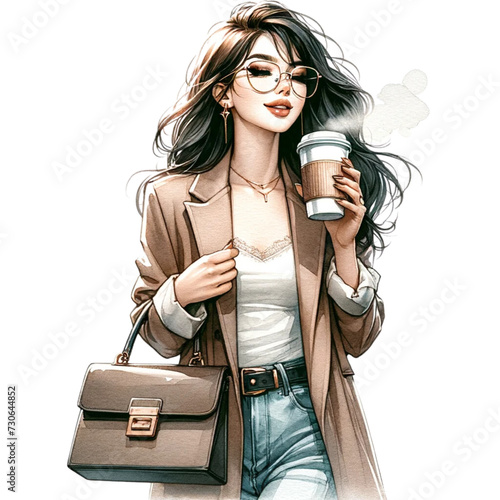 Beautiful young woman walking holding a coffee cup