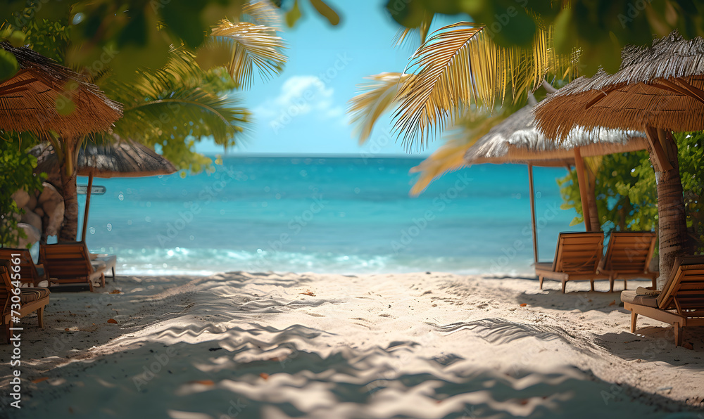 A sandy tropical beach adorned with palm trees and overlooking the ocean. The scene features a serene tropical beach with blue waters, sun shades, and swaying palm leaves.