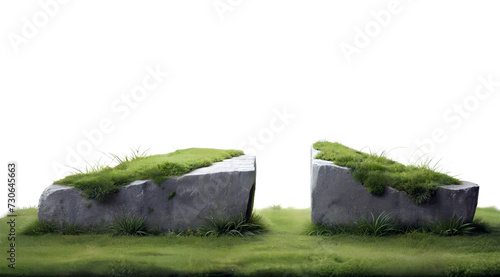 Two stone blocks on thick grass