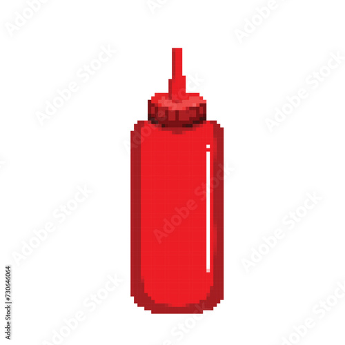 Hot chili or tomato red sauce plastic bottle packaging. Pixel bit retro game styled vector illustration drawing. Simple flat cartoon drawing.