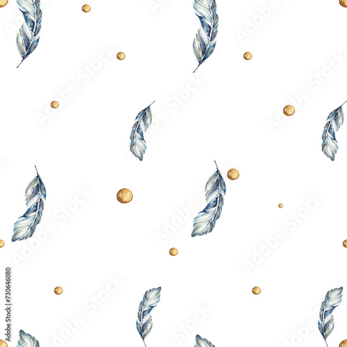 seamless pattern of watercolor feathers and beads. handmade watercolor illustration on a white background. for textile design of postcards and wrapping paper