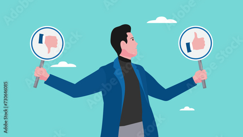 good and bad choice concept, Things that are prohibited and permitted in the world of work, rules for achieving business success, smart businessman holding waring thumb up and thumb down sign