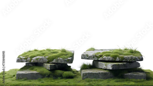 Stones and green grass, isolated on white background