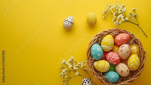 Easter Eggs in a Nest, Yellow Background