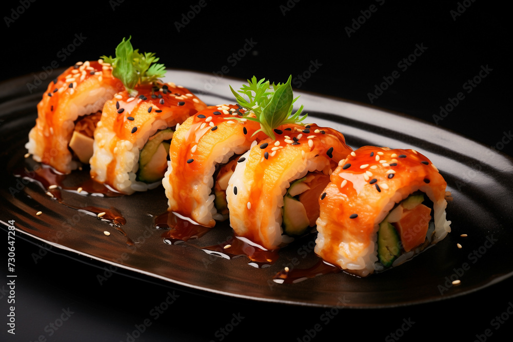 baked sushi on square dark plate, selective focus baked sushi on square dark plate, selective focus