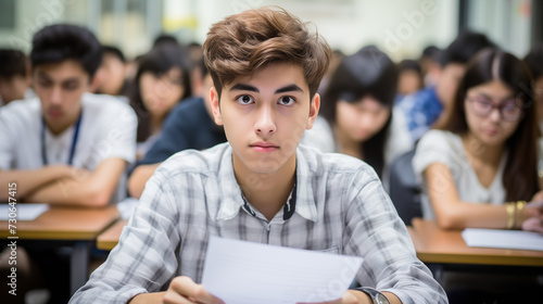Student is passing an exam, sitting in the lecture hall. Concept of education photo