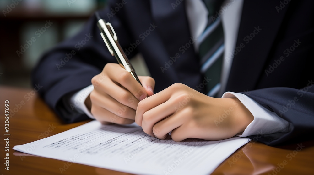 Man in a suit signing a document. Concept of business or education Man in a suit signing a document. Concept of business or education