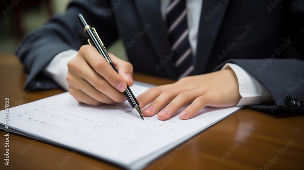 Man in a suit signing a document. Concept of business or education Man in a suit signing a document. Concept of business or education