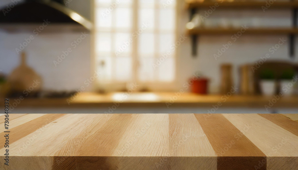 Tabletop Tranquility: Empty Wood Table in Kitchen Setting Tabletop Tranquility: Empty Wood Table in Kitchen Setting