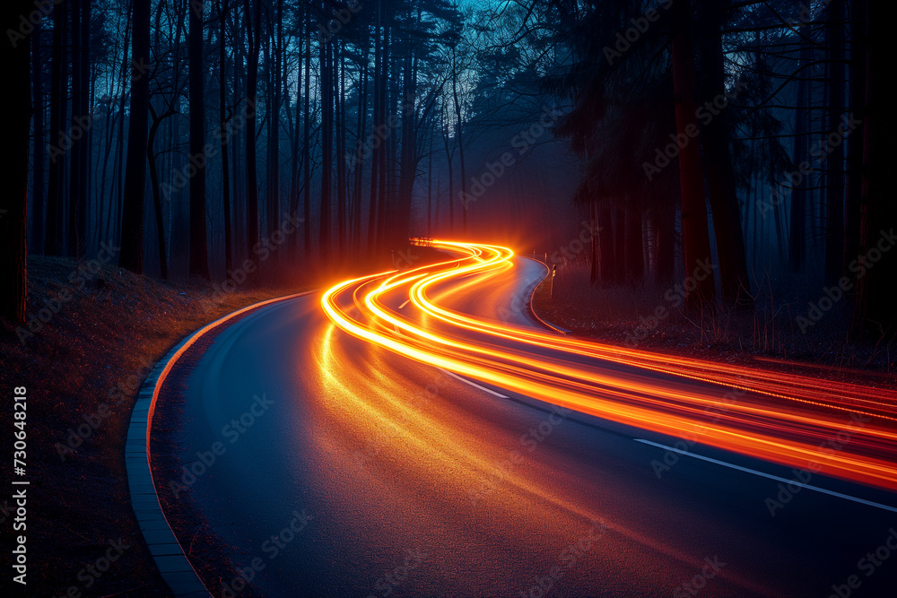 orange color car lights at night, mountain road in forest, long exposure - obrazy, fototapety, plakaty 