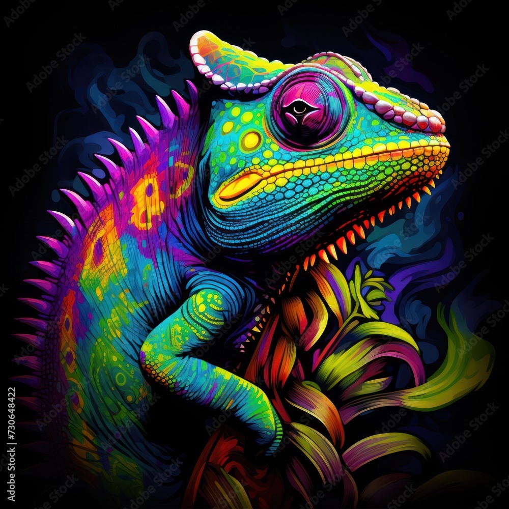 Obraz premium Blacklight painting-style chameleon, chameleon pop art illustration