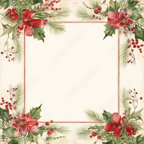 Christmas painted frame border adorned with watercolor flowers.. © crazyass