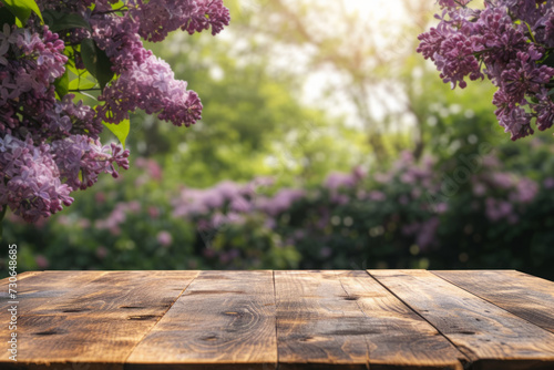 an empty boardwalk on a blurred background of lilac branches. mockup outdoors.