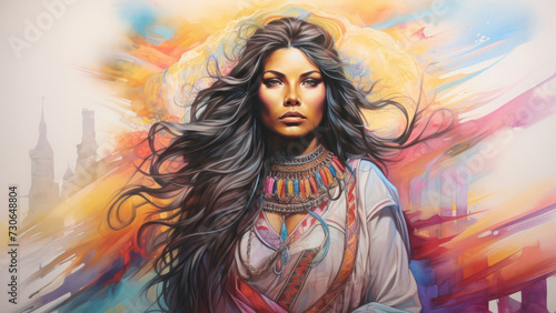 female native American, vibrant portrait, swirling color. a young woman in an ethnic costume with feathers. white background.