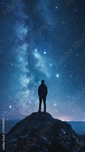 Person in the night. Stargazing. Vertical background 