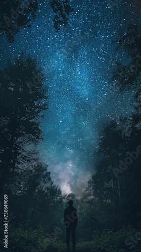 Person in the night. Stargazing. Vertical background 