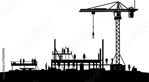 Vektor Silhouetten Bauindustrie - Gebäude Baustelle mit Baukran und Arbeitern - Bau Projekt Phase Rohbau - Architekt photo