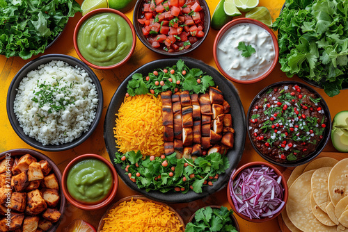 Mexican festive food, chiles en nogada, tacos al pastor, chalupas pozole, tamales, chicken with mole poblano sauce, top view, yellow background photo