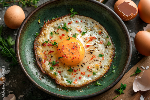 fried egg on green frying pan near raw whole eggs and eggshells, top view