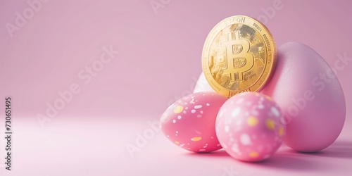 Easter eggs and coin labeled Bitcoin isolated on pastel pink background.