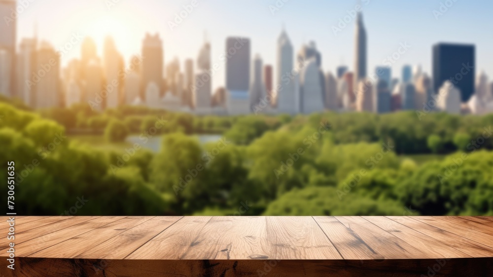 The empty wooden table top with blur background of city park skyline. Exuberant image. generative ai