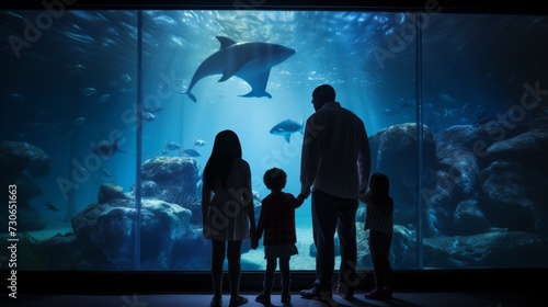 Rear view Silhouettes of a family with children admiring and watching a variety of marine life, whale sharks and fish in a large aquarium. Entertainment, fun weekend concepts.