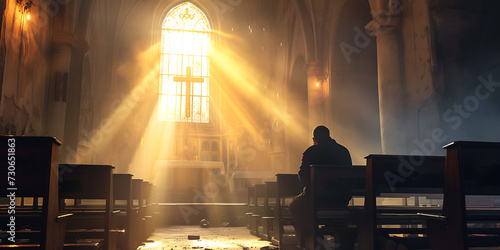 A lonely and hopeless man is sitting and praying to God in a church with beautiful light.