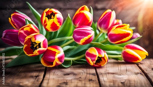 bouquet of tulips on wooden backgroumd photo