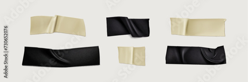 Adhesive tape pieces set isolated on background. Vector realistic illustration of black and white crumpled plastic sticky tape with wrinkled surface and uneven torn edges, sellotape packaging strips