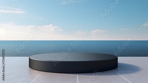 Blank round black podium stage on sea background. Mock up template for product presentation. copy space.