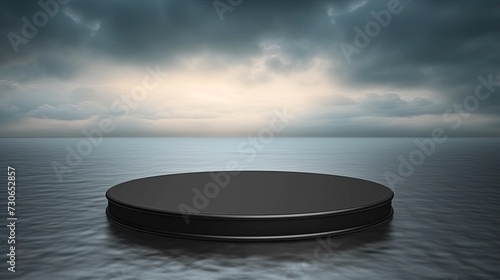 Blank round black podium stage on sea background. Mock up template for product presentation. copy space. photo