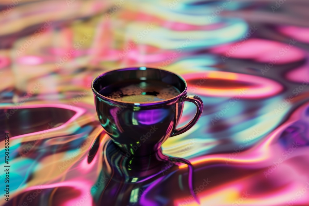 A sleek black coffee cup gracefully sitting on a hypnotic, colorful, reflective surface with a fluid appearance