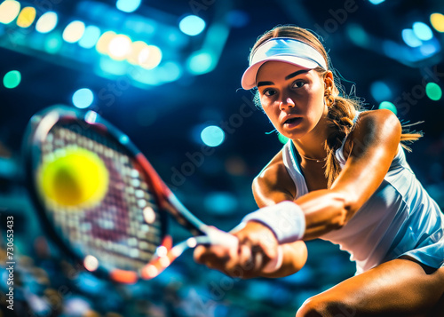 Focused Female Tennis Player Ready to Hit Ball. © NORN